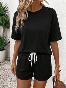 SHEIN LUNE Set Kaos dan Celana Pendek Wanita Warna Hitam, Terbuat dari 95% Katun - Hitam - View 2