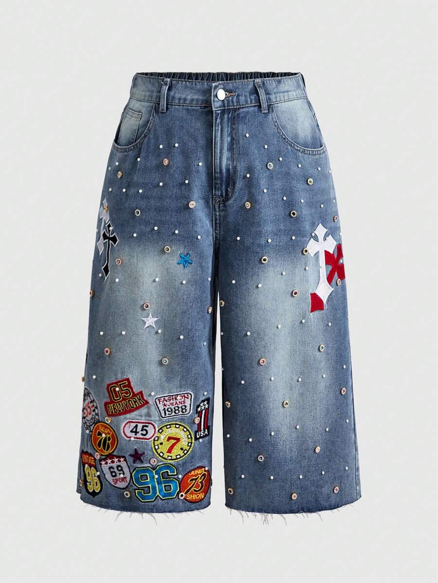 ROMWE Grunge Punk Y2K Street Style Hot Girl Cross & Number Badge Embroidered Rhinestone Women's Loose Straight Leg Mid-Length Denim Shorts Plus Size - Blue - View 1