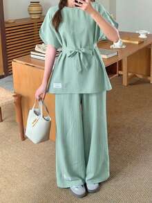 SHEIN Teen Girls 2pcs Set:Loose Raglan Sleeve Tie-Waist Letter Print Shirt + Wide Leg Pants,Summer,Casual,Family Matching For Spring Vacation Daily Wear - Mint Green - View 4