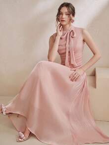 Anewsta Elegant Women's New Party Banquet Lotus Pink Shiny Fabric Patchwork Neckline Tie Bow Sleeveless Waist-Cinching A-Line Long Dress - Dusty Pink - View 6