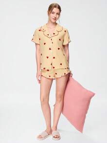 Bonmuse Women's Sleepwear Set With Heart Striped Woven Print, Ruffled Collar, Short Sleeve Top And Shorts, Sweet, Cute And Elegant - Yellow - View 9