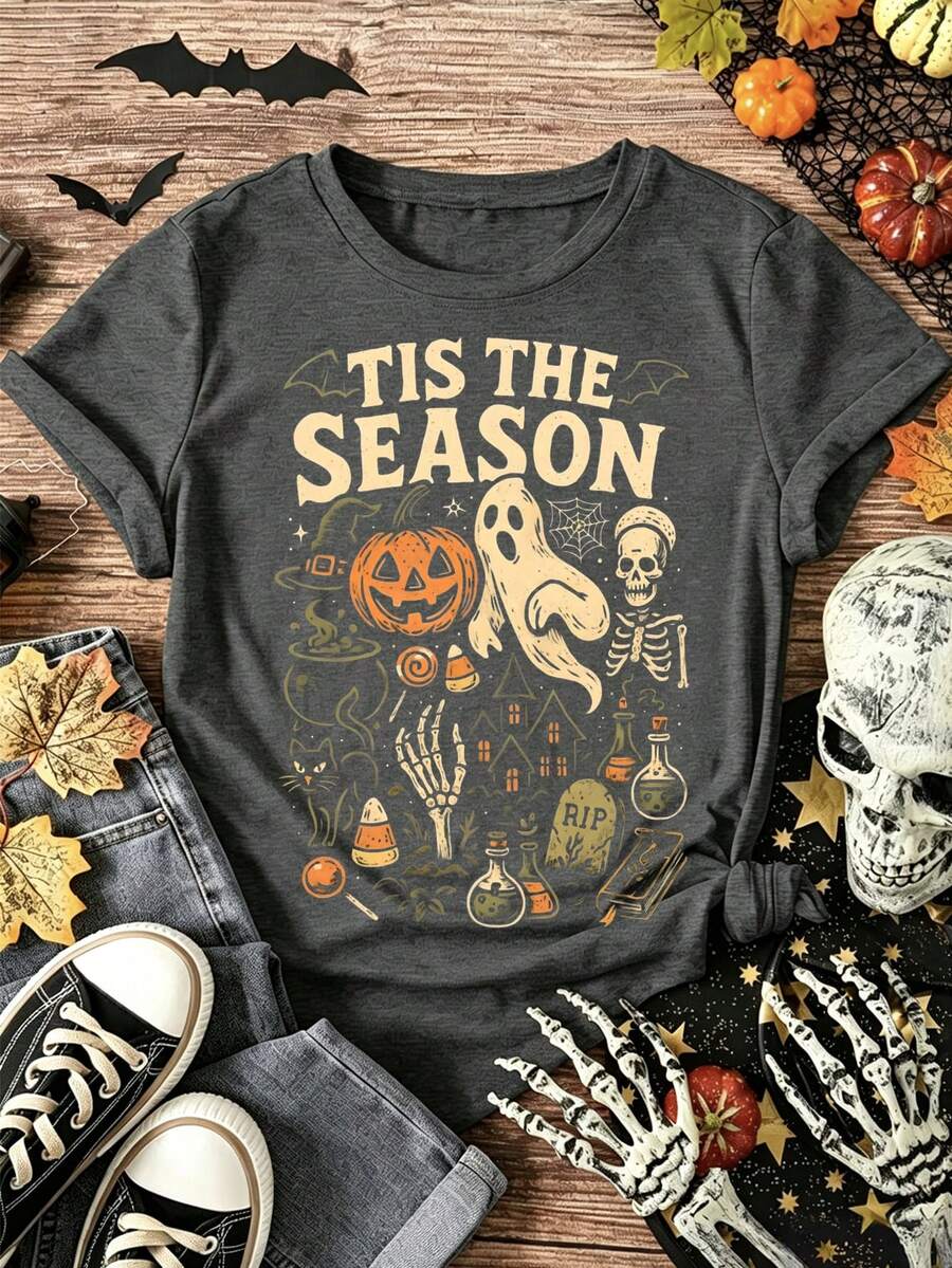EMERY ROSE 女款 Tis The Season 萬聖節圖案大尺碼 T-shirt,復古幽靈南瓜骷髏印花圓領短袖休閒上衣 - 深灰色 - 查看 1