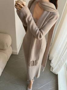DAZY Solid Color Fitted Long Sleeve Dress, Bodycon Sexy Elegant Vacation Spring Autumn Women's Sweater Dress - Apricot - View 3