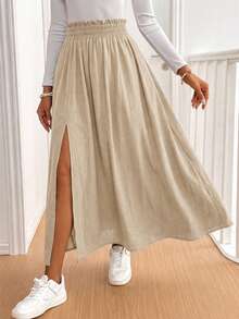 SHEIN Frenchy 女款純色百褶開衩設計休閒百搭裙 - 卡其色 - 查看 4