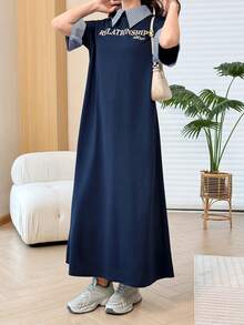 Yasmyna Summer Minimalist Casual Letter Print Striped Patchwork 2 In 1 Short Sleeve Loose Slimming Youthful Women's Long Dress - Multicolor - View 9