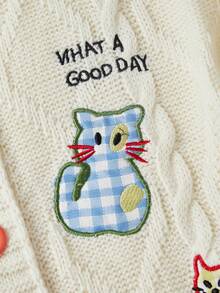 Sweetness Women's Autumn/Winter Light Apricot Crew Neck Cardigan Sweater With Cute Cat And Apple Applique Embroidery - Apricot - View 3