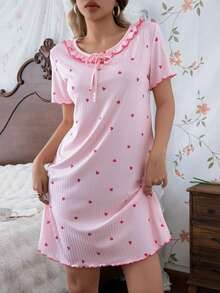 CottageSlumber Fashion All-Over Heart Print Round Neck Ruffle Short Sleeve Women's Casual Sleep Dress - Pink - View 1