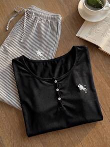 SHEIN EZwear 大尺碼長袖T恤與條紋長褲2件套 秋季 - 彩色 - 查看 3