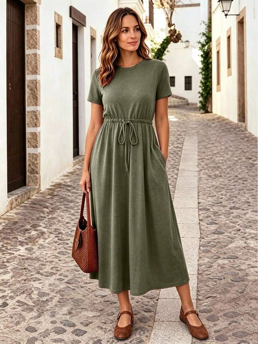 SHEIN Essnce 女士休闲纯色口袋装饰短袖迷你连衣裙 - 軍綠色 - 查看 1