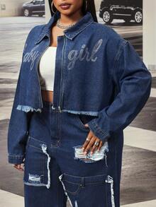 Slaydiva Cowgirl Outfit Plus Size Women's Blue Non-Stretch Rhinestone Embellished Long Sleeve Jacket - Dark Wash - View 4