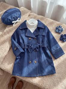 SHEIN Playful Pals 1件嬰兒男/女童 T 型腰帶設計簡約街頭風秋季辦公穿搭時尚校園夾克 - 藏蓝色 - 查看 1