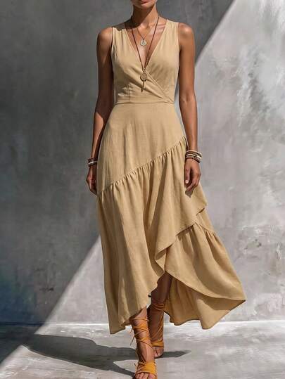 SHEIN Women's Elegant Casual Apricot V-Neck Sleeveless Ruffle Mid-Length Dress, Summer Dress, Party Dress, Graduation Dress, Casual Wear, Elegant Dress, Casual Dress, Office Wear