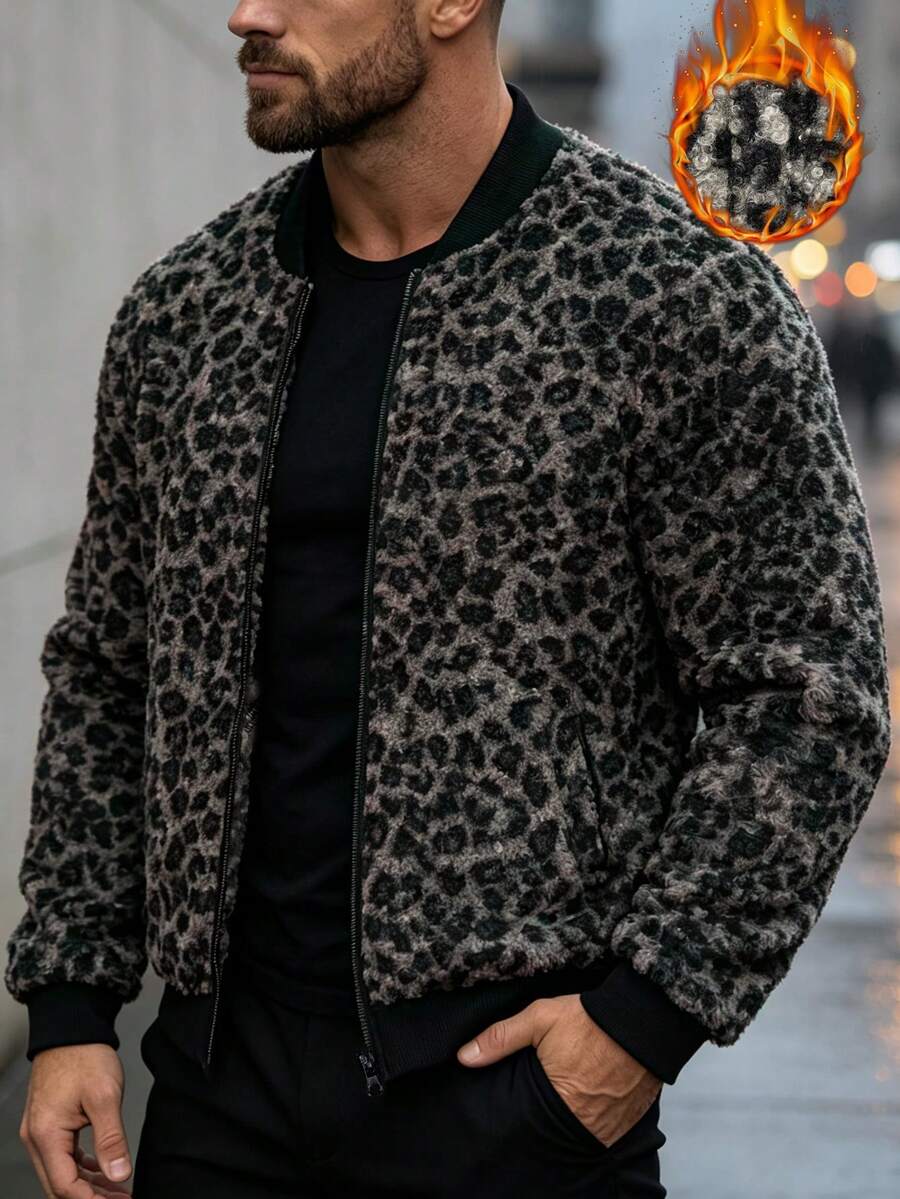 Manfinity Homme 男士豹紋拉鍊休閒街頭百搭日常旅行夾克 約會之夜度假 深灰色 秋季 - 彩色 - 查看 1