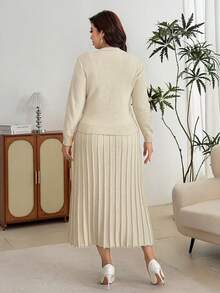 Modelyn Plus Size Women Solid Color Dress And Long Sleeve Cardigan Casual Knit Set - Apricot - View 2