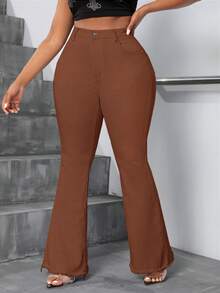 Slaydiva Plus Size Fashion Versatile Button Pocket Frayed Hem Flare Jeans - Brown - View 5