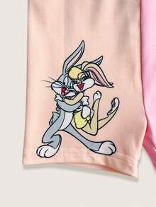 LOONEY TUNES X SHEIN Baby Girl Cartoon Print Colorblock Round Neck Short Sleeve T-Shirt And Casual Fitted Shorts Set - Pink - View 6