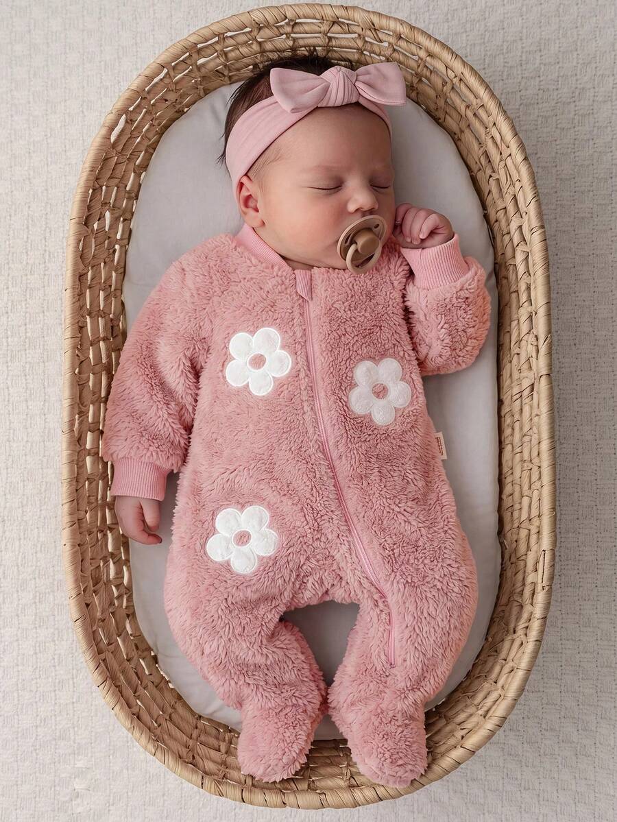 SHEIN 新生兒嬰兒花卉貼花刺繡毛絨連身長褲 - 粉色 - 查看 1