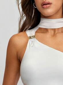 Avenya Women's White Asymmetric Twist Metal Decor Ribbon T-Shirt - White - View 2