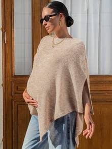 MaterniWear Maternity Solid Color Asymmetrical Hem Cape T-Shirt Fall - Khaki - View 7