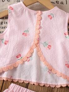 Emery Rose Kids Emery Rose Kids 少女花卉印花圓領上衣與彈性腰褶皺裙休閒日常套裝 - 粉色 - 查看 10