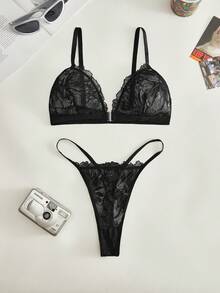Lowkey Lull 2件套性感蕾丝拼接前扣式女士内衣套装 - 黑色 - 查看 1