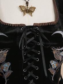 ROMWE Hippie Dark Divination Witch Style Star Moon Forest Vine Embroidered Plus Size Cinched Waist Velvet Tank Top - Black - View 3