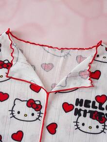HELLO KITTY AND FRIENDS | SHEIN 女款卡通印花短袖上衣與短褲睡衣套裝 - 紅白色 - 查看 3