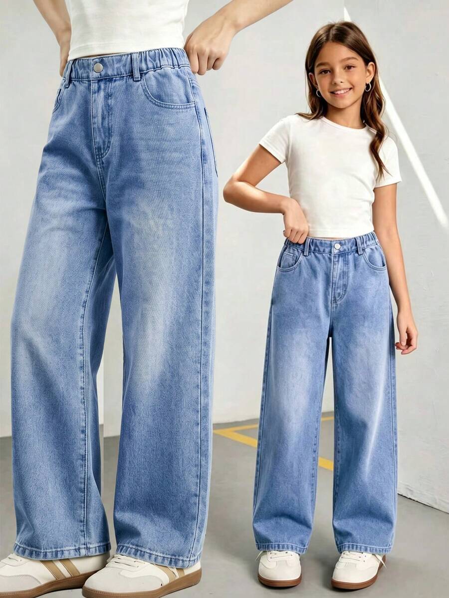 SHEIN 女童牛仔褲,秋季新品,時尚休閒風,百搭萬能設計,直筒寬鬆版型,輕盈柔軟牛仔面料,時尚女孩必備,適合日常拍照、購物、出遊、派對、音樂節、度假等多種場合,2026新款女童牛仔褲 - 中等水洗藍 - 查看 1