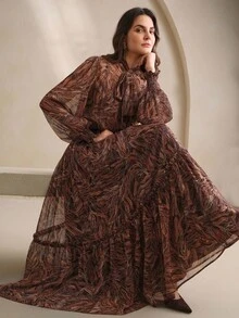 Anewsta Fall/Winter Elegant Vintage Romantic Slimming Cinched Waist Floral Print Dark Brown Long Dress For Women Thanksgiving Brunch Dinner - Brown - View 3