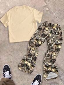 Teen Boy Casual Minimalist Short Sleeve Crew Neck T-Shirt & Flared Long Pants 2-Piece Set, Suitable For Summer - Multicolor - View 2