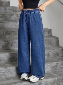 SHEIN Celana Jeans Lurus Longgar Polos untuk Remaja Perempuan, Gaya Jalanan Y2K untuk Kembali ke Sekolah dan Liburan Musim Panas - Medium Wash - View 5