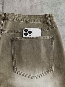 AXEPEAK Quần short denim nam giặt mài rách in chữ - Màu xanh lá cây đậm - Xem 5