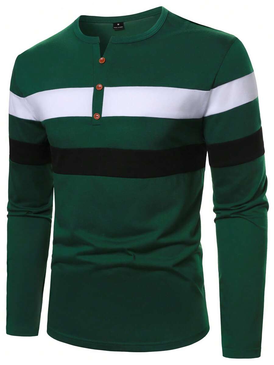 Manfinity Homme Men's Striped Button Half-Placket Long Sleeve Casual T-Shirt - Multicolor - View 1