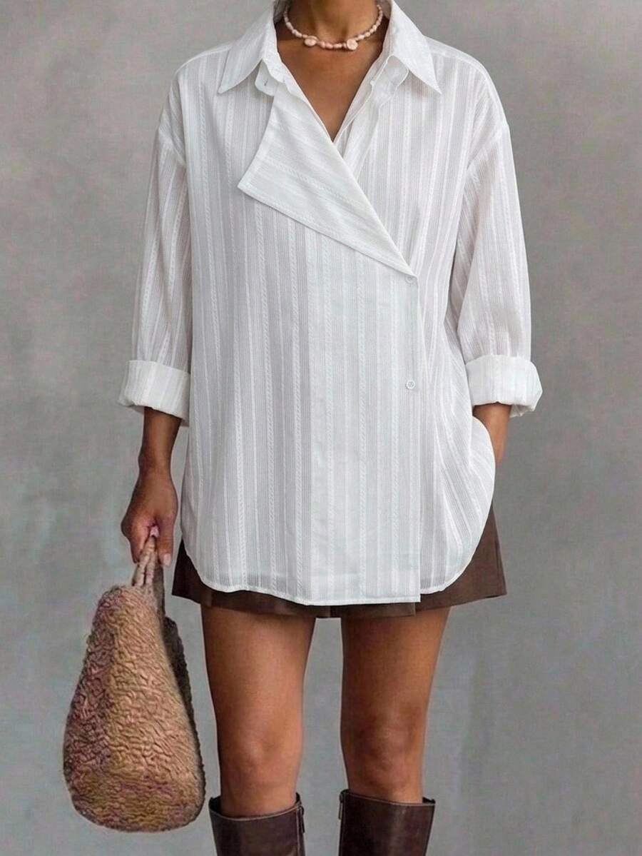 DAZY Summer Autumn Casual Loose 2 In 1 White Women's Shirt - White - View 1