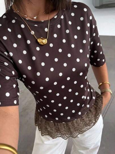Aloruh Women's Elegant Round Neck Polka Dot Print Lace Patchwork Fitted Waist Short Sleeve T-Shirt
