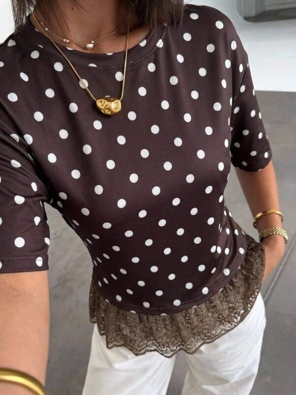 Aloruh Women's Elegant Round Neck Polka Dot Print Lace Patchwork Fitted Waist Short Sleeve T-Shirt