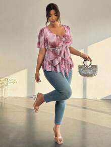 Firerie Plus Size Women Sweetheart Collar Pleated Ruffle Hem Blouse - Pink - View 5