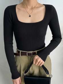 DAZY Sweater Pullover Wanita Lengan Panjang Kerah Persegi Warna Polos untuk Bisnis Kasual - Hitam - View 3