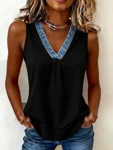 EMERY ROSE Nueva llegada Blusa regular de mujer con estampado de efecto de mezclilla y color contrastante - Multicolor - Ver 4