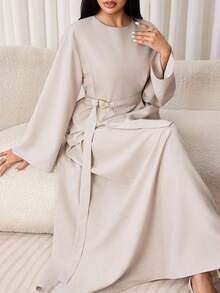 Veilorie Women's Solid Color Round Neck Long Sleeve Shirt And Skirt Casual 2-Piece Set - Grey - View 7