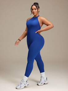 SHEIN Rhythm Era Jumpsuit Olahraga Wanita Ukuran Plus Tanpa Jahitan Warna Biru dengan Detail Garis-garis di Bagian Belakang - Navy Blue - View 2