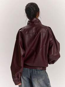 SHEIN BAE 女款純色PU皮革休閒百搭日常長袖夾克 - 酒紅色 - 查看 2