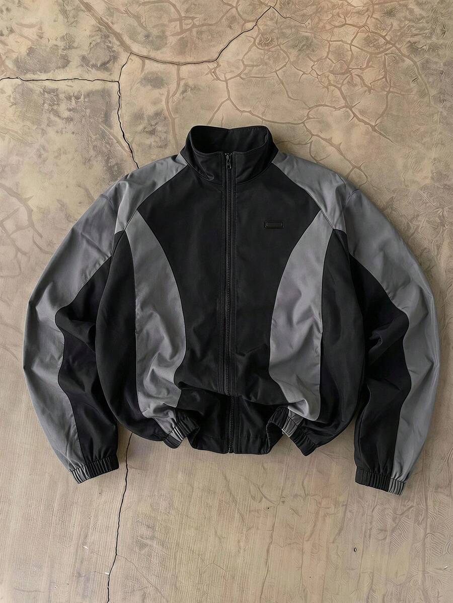 SWAVVY Chaqueta casual de otoño para hombre con bloques de color y patchwork - Negro - Ver 1