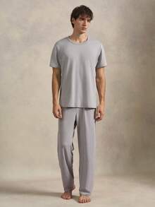 EverLounge 男士纯色 T 恤和裤子睡衣套装 / 睡衣套装 - 淺灰色 - 查看 4