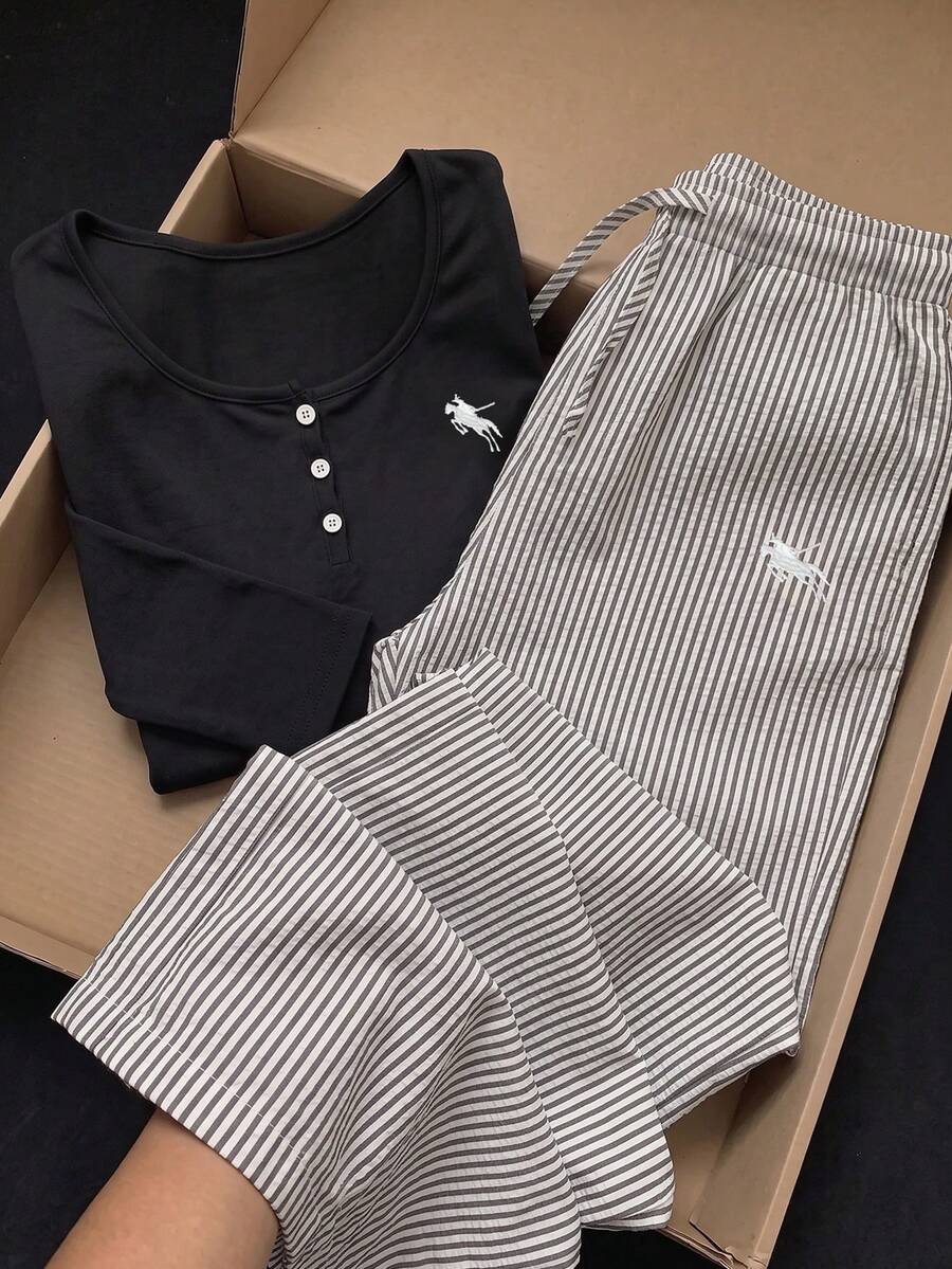 SHEIN EZwear 大尺碼長袖T恤與條紋長褲2件套 秋季 - 彩色 - 查看 1