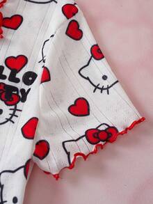 HELLO KITTY AND FRIENDS | SHEIN 女款卡通印花短袖上衣與短褲睡衣套裝 - 紅白色 - 查看 5