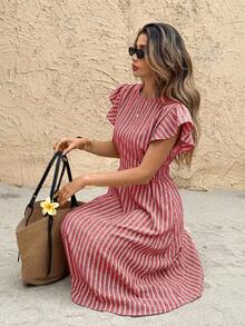 SHEIN Frenchy Women's Striped Ruffle Sleeve Casual Party Dress - Red - View 5