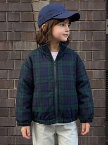 Hapijoa Young Girls Loose Basic Fluffy Thick Padded Coat With Stand Collar And Plaid Pattern, Long Sleeve, Autumn/Winter - Blue - View 3