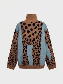 LUMIGAL Fashion Loose Blue Leopard Print Turtleneck Women's Knit Sweater Everyday Day Time Autumn Retro Vintage 70s Casual Brunch - Multicolor - View 5