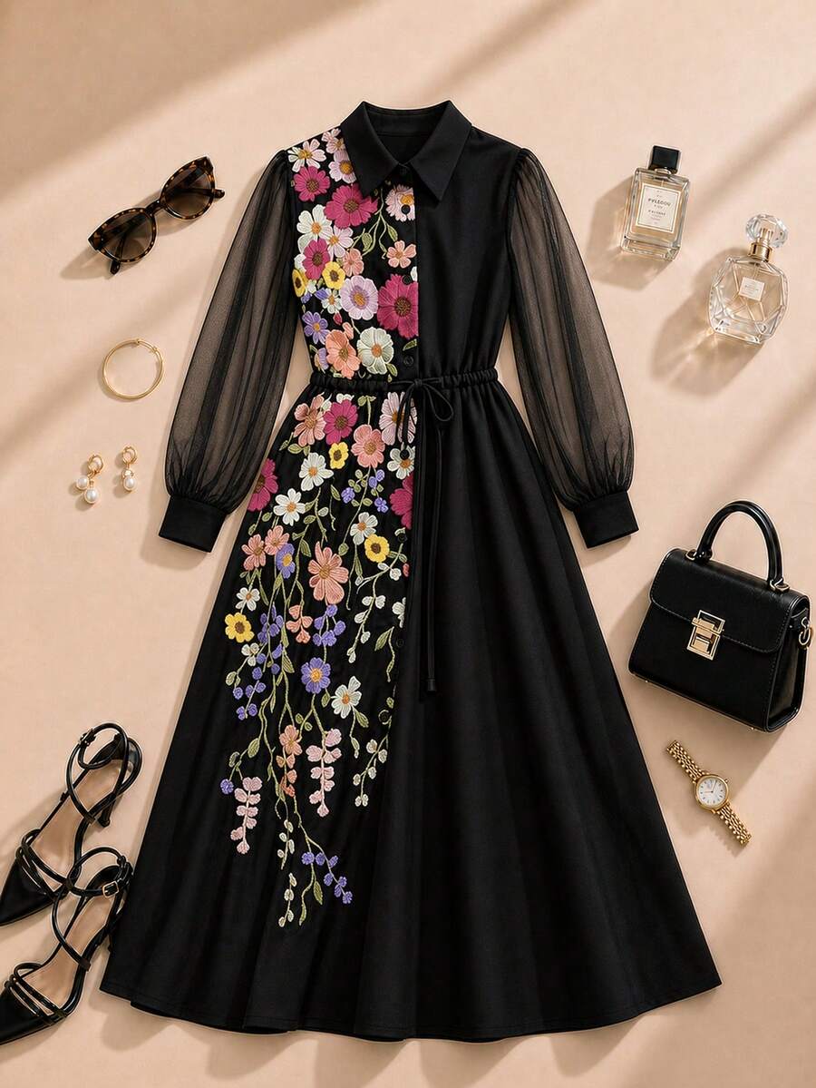 Formidée Plus Size Minimalist Elegant Embroidered Mesh Sleeve Tie Waist Women's Dress Fall - Black - View 1